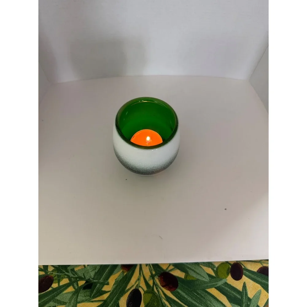 Hand Blown Art Glass Votive Candle Holder Green White Ombre Frosted Cased Glass